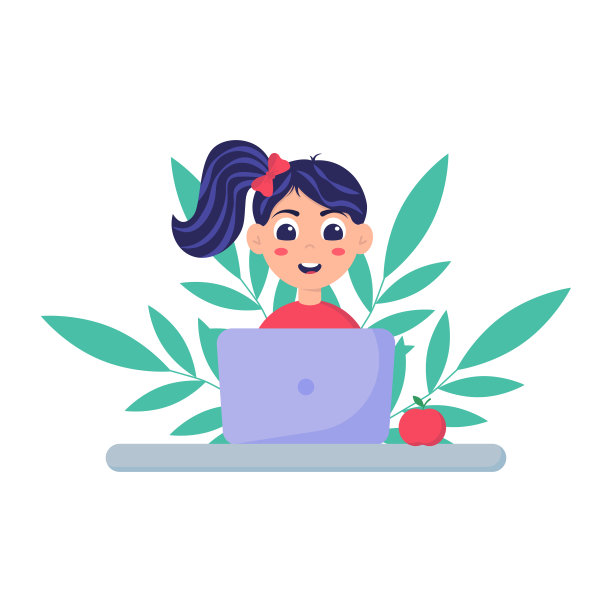 一个女孩正在用笔记本电脑学习编程。编程的孩子。儿童教育的理念。平的风格。矢量插图的网站，广告。图片下载