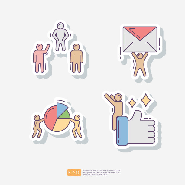 业务合作伙伴和团队合作，男性持有邮件，市场共享，批准签署大拇指。贴纸图标集。团队工作矢量图图片下载