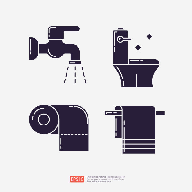 水龙头自来水，锃亮干净的马桶，厕纸卷，浴巾。清洁，消毒和洗漱用品轮廓集图标。矢量图图片下载