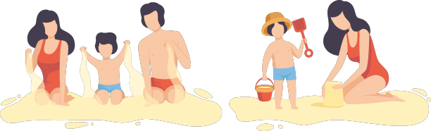 家人和爸爸、妈妈和孩子在海滩上图片下载