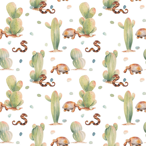 无缝模式的水彩仙人掌和沙漠插图动物在白色背景图片下载