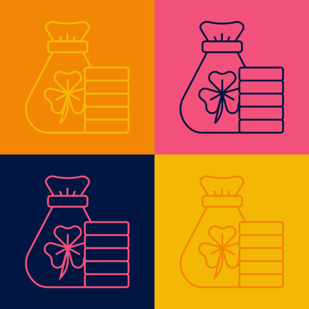 流行艺术线钱袋与三叶草三叶草图标孤立的颜色背景。圣帕特里克节快乐。爱尔兰国家假日。向量图片下载