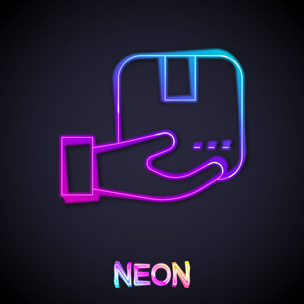 发光的霓虹灯线交付手与纸板箱图标孤立的黑色背景。由快递员送货上门。向量图片下载