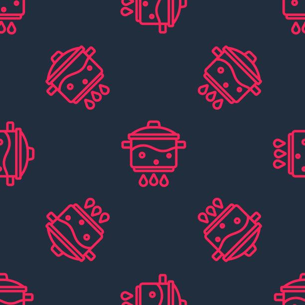 红线烹饪锅火图标孤立无缝图案黑色背景。煮或炖食物的标志。向量图片下载