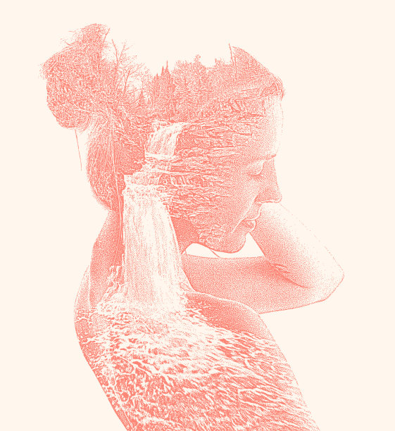 女人与瀑布的多重曝光图片下载