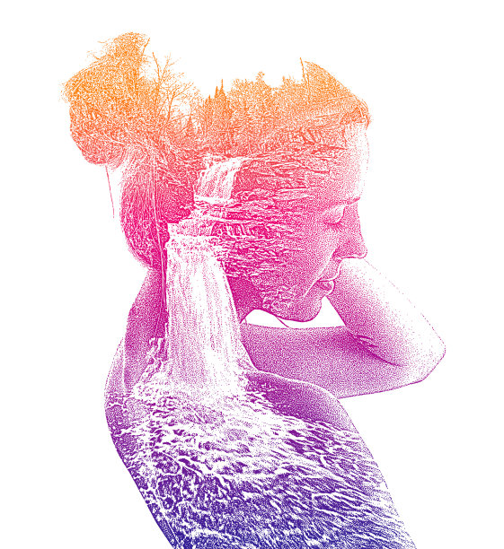 女人与瀑布的多重曝光图片下载