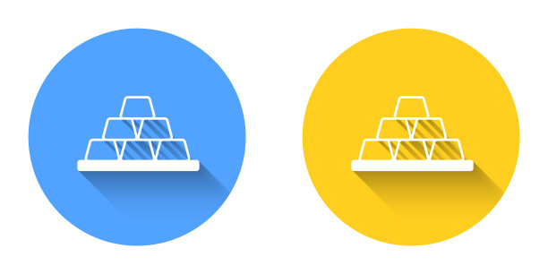 白色金条图标与长阴影背景隔离。银行经营理念。圆按钮。向量图片下载