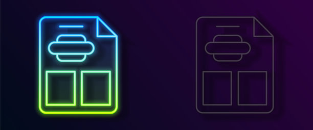 发光的霓虹灯线餐厅咖啡馆菜单图标孤立的黑色背景。向量图片下载