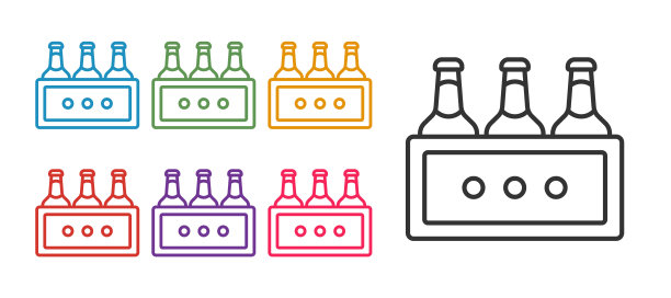 设置线包的啤酒瓶图标孤立的白色背景。木箱和啤酒瓶。箱箱啤酒箱标志。设置图标彩色。向量图片下载