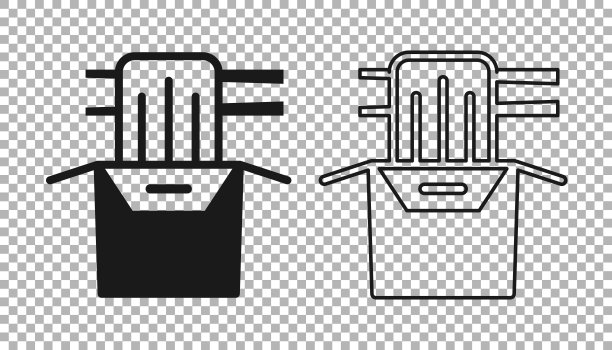 黑色亚洲面条在纸盒和筷子图标隔离在透明的背景。街头快餐。韩国菜、日本菜、中国菜。向量图片下载