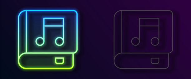 发光的霓虹灯线音频书图标孤立的黑色背景。乐谱和乐谱。语音引导标志。在线学习概念。向量图片下载