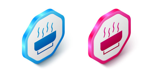 等距拉面汤碗与面条图标隔离在白色背景。一碗传统的亚洲面汤。六角按钮。向量图片下载