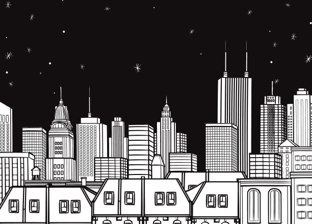 夜市景观矢量插图绘制黑白水平设计图片下载