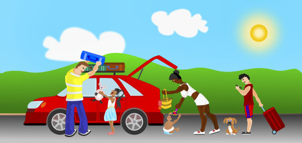 幸福的一家人扛着车和行李去旅游景点度假图片下载