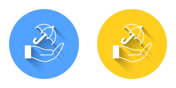 白色雨伞在手图标孤立的长阴影背景。保险的概念。防水图标。保护、安全、保障的理念。圆按钮。向量图片下载