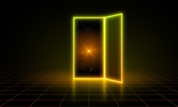 打开门数字矢量插图上的蓝色背景。未来主义科幻小说中门口的概念。技术门户在多边形线框发光的风格图片下载