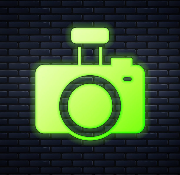 发光的霓虹灯照片相机图标孤立的砖墙背景。与相机。数码摄影。向量图片下载