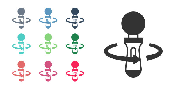 黑色VR控制器游戏图标孤立在白色背景。虚拟现实体验、临场感、位置跟踪等技术设备。设置图标彩色。向量图片下载