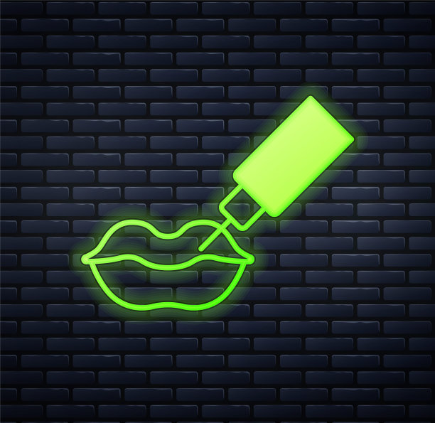 发光的霓虹灯嘴唇增强图标孤立的砖墙背景。透明质酸唇部注射。轮廓塑料。向量图片下载