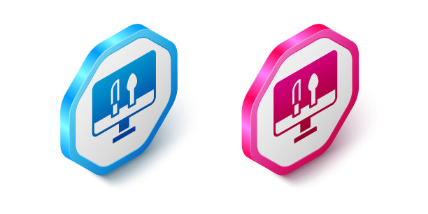 等距在线订购和快餐配送图标隔离在白色背景。六角按钮。向量图片下载