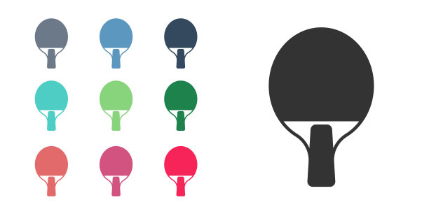 黑色球拍打乒乓球图标孤立在白色背景。设置图标彩色。向量图片下载