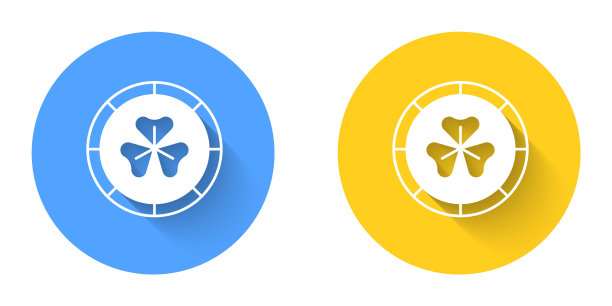 白色金色小妖精硬币与三叶草三叶草图标隔离与长阴影背景。圣帕特里克节快乐。爱尔兰国家假日。圆按钮。向量图片下载