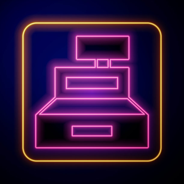 发光的霓虹灯收银机与检查图标孤立的黑色背景。收银员的迹象。钱箱的象征。向量图片下载