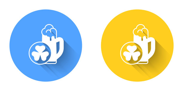 白色的玻璃啤酒图标孤立的长阴影背景。圣帕特里克节快乐。爱尔兰国家假日。圆按钮。向量图片下载