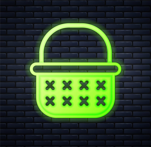 发光的霓虹柳条篮子图标孤立的砖墙背景。向量图片下载