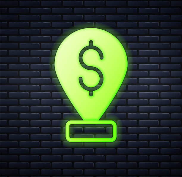 发光的霓虹灯现金位置pin图标孤立的砖墙背景。指针和美元符号。钱的位置。经营和投资理念。向量图片下载