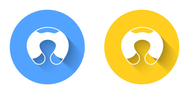 白色旅行颈枕图标与长阴影背景隔离。枕头u型。圆按钮。向量图片下载