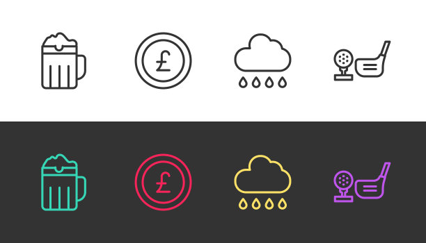 设定线木制啤酒杯，硬币与英镑，云雨和高尔夫俱乐部球tee黑色和白色。向量图片下载