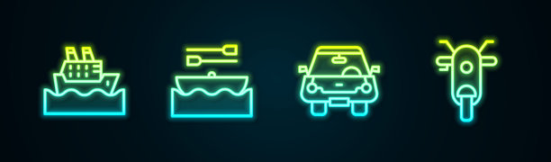 集线游船，船与桨，汽车和摩托车。发光的霓虹灯图标。向量图片下载