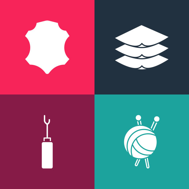 集流行艺术纱线球与针织针，锥子工具，层服装纺织和皮革图标。向量图片下载