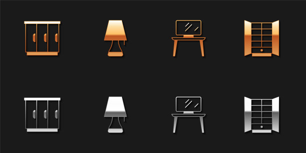 集衣柜，台灯，电视桌架和图标。向量图片下载