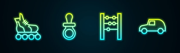 产品系列:轮滑、婴儿奶嘴、算盘、玩具车。发光的霓虹灯图标。向量图片下载