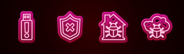 USB闪存盘，带叉号的盾牌，房屋系统漏洞和云系统等图标图片下载