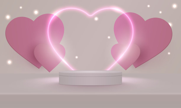 舞台讲台上装饰着心形的灯光。台座场景与产品，广告，展示，在浅粉红色的背景。情人节的概念。爱的背景。最小的风格。矢量插图。图片下载