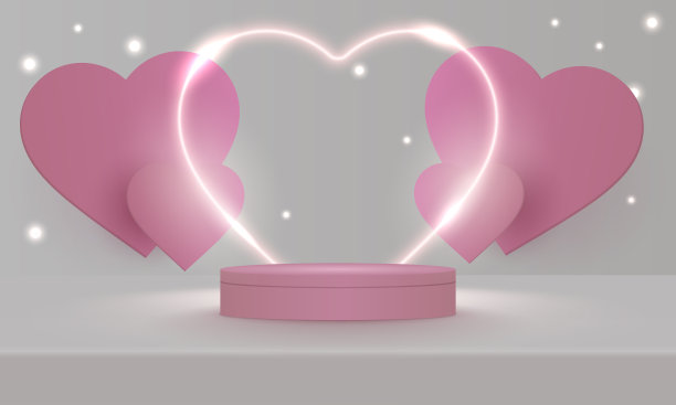 舞台讲台上装饰着心形的灯光。台座场景与产品，广告，展示，在浅粉红色的背景。情人节的概念。爱的背景。最小的风格。矢量插图。图片下载