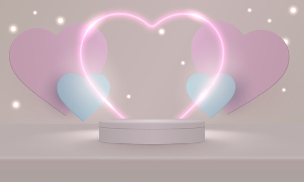 舞台讲台上装饰着心形的灯光。台座场景与产品，广告，展示，在浅粉红色的背景。情人节的概念。爱的背景。最小的风格。矢量插图。图片下载