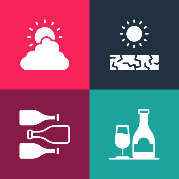 集波普艺术与玻璃酒瓶，酒瓶，干旱和太阳和云天气图标。向量图片下载