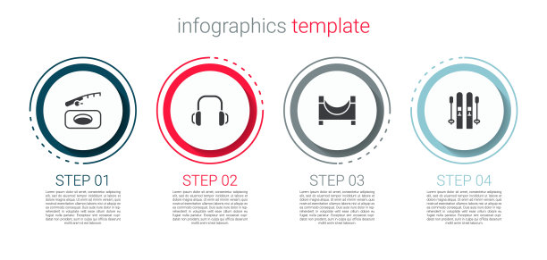 集冬季钓鱼，耳机，滑板公园和滑雪和棍棒。业务信息图表模板。向量图片下载
