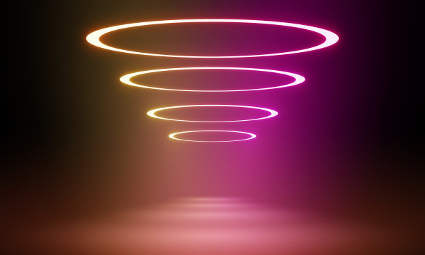 霓虹背景概念。迪斯科霓虹灯背景。3 d渲染。绿色和黄色的圆形霓虹灯在空房间。在黑暗的房间里，圆形的霓虹灯在地板表面上方，明亮的霓虹灯反射在潮湿的地板上。雾中的霓虹灯图片下载