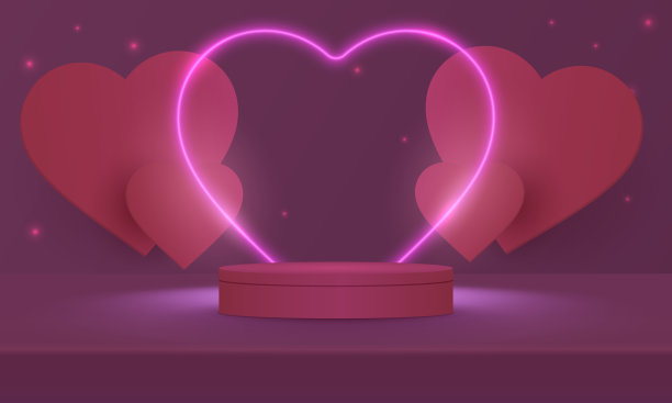 舞台讲台上装饰着心形的灯光。台座场景与产品，广告，展示，在浅粉红色的背景。情人节的概念。爱的背景。最小的风格。矢量插图。图片下载