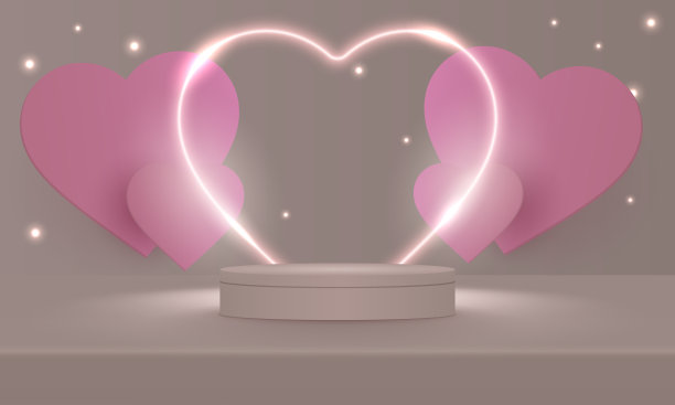 舞台讲台上装饰着心形的灯光。台座场景与产品，广告，展示，在浅粉红色的背景。情人节的概念。爱的背景。最小的风格。矢量插图。图片下载