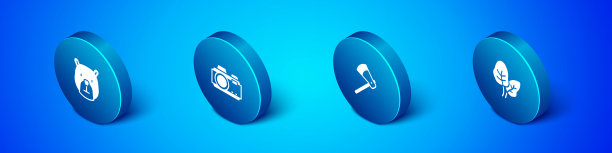 集等距熊头，木斧，热带树叶和照片相机图标。向量图片下载