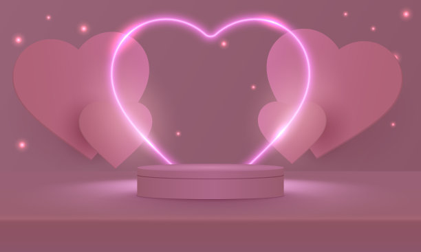 舞台讲台上装饰着心形的灯光。台座场景与产品，广告，展示，在浅粉红色的背景。情人节的概念。爱的背景。最小的风格。矢量插图。图片下载