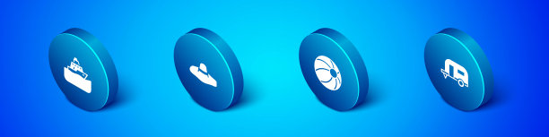 集等距游轮，沙滩球，房车露营拖车和优雅的女人帽子图标。向量图片下载