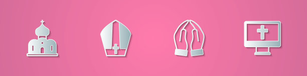 集剪纸教堂建筑，教皇帽，双手祈祷的位置和基督教十字架监视器图标。纸艺风格。向量图片下载