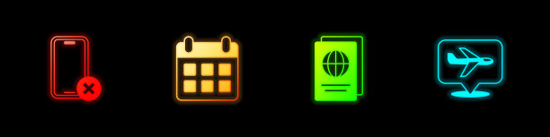 设置无手机，日历和飞机，护照和飞机图标。向量图片下载